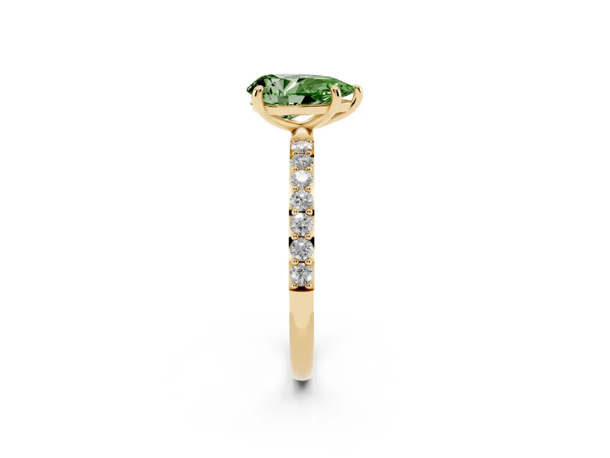 Fancy Green Pear Cut Diamond Solitaire Ring with Round Pavé Band and Prong Setting Yellow gold