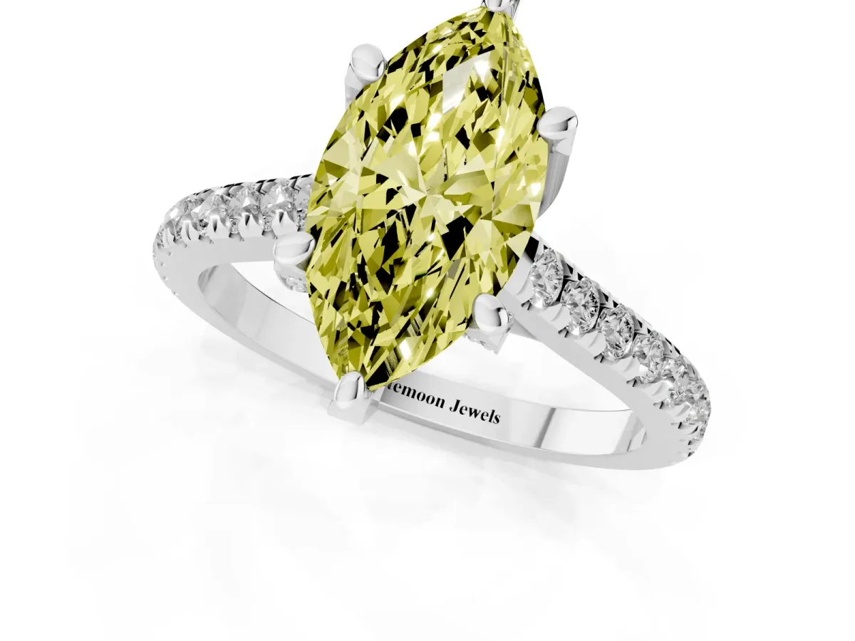 Fancy Yellow Marquise Cut Brilliant Diamond Solitaire with Pavé Band and Four-Prong Setting Silver