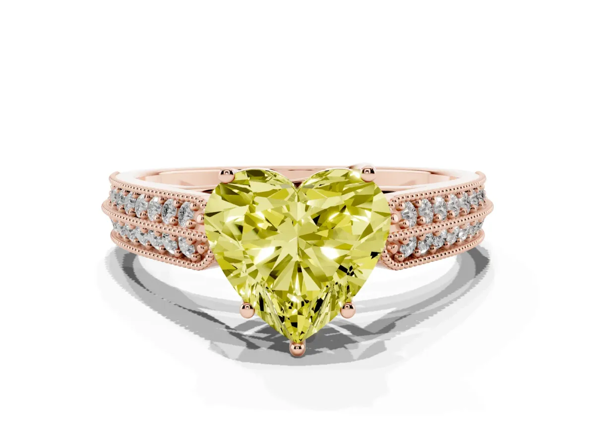 Fancy Yellow Heart Cut Cut Pave Split Shank Engagement Ring with Four-Prong Setting Rose gold