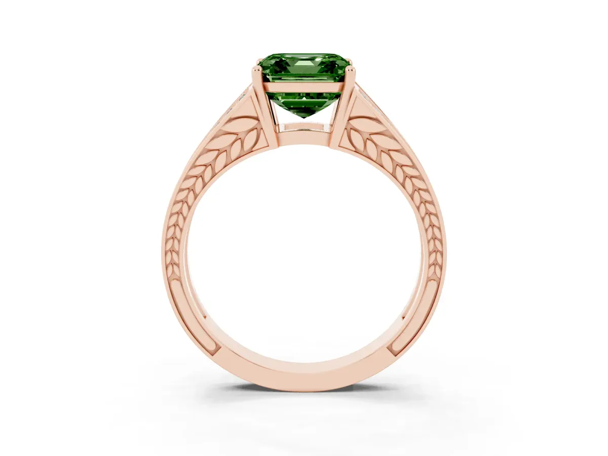 Fancy Green Asscher Cut Diamond Split Shank Ring with Pavé Band and Four-Prong Setting Rose gold