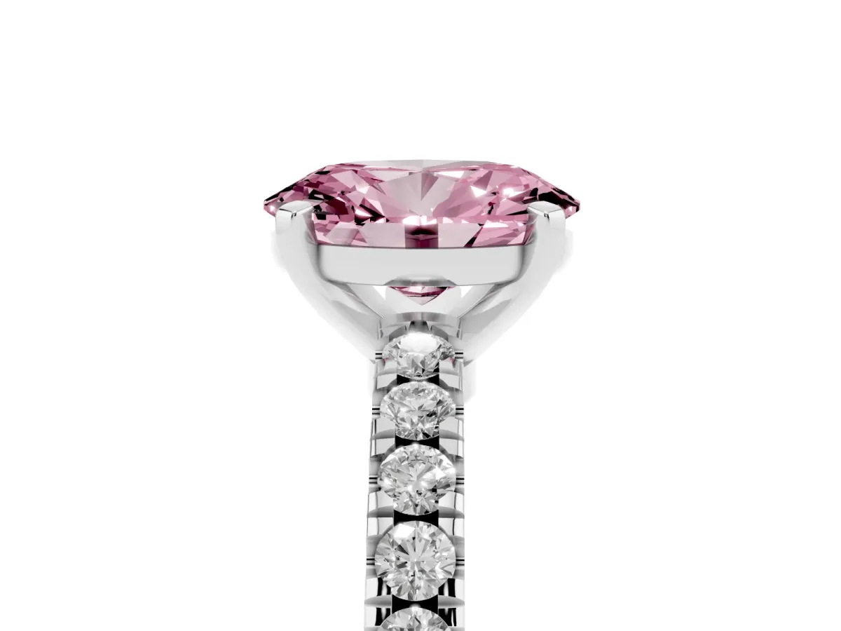 Fancy Pink Oval Cut Solitaire Diamond with Pavé Band and Four-Prong Setting Silver