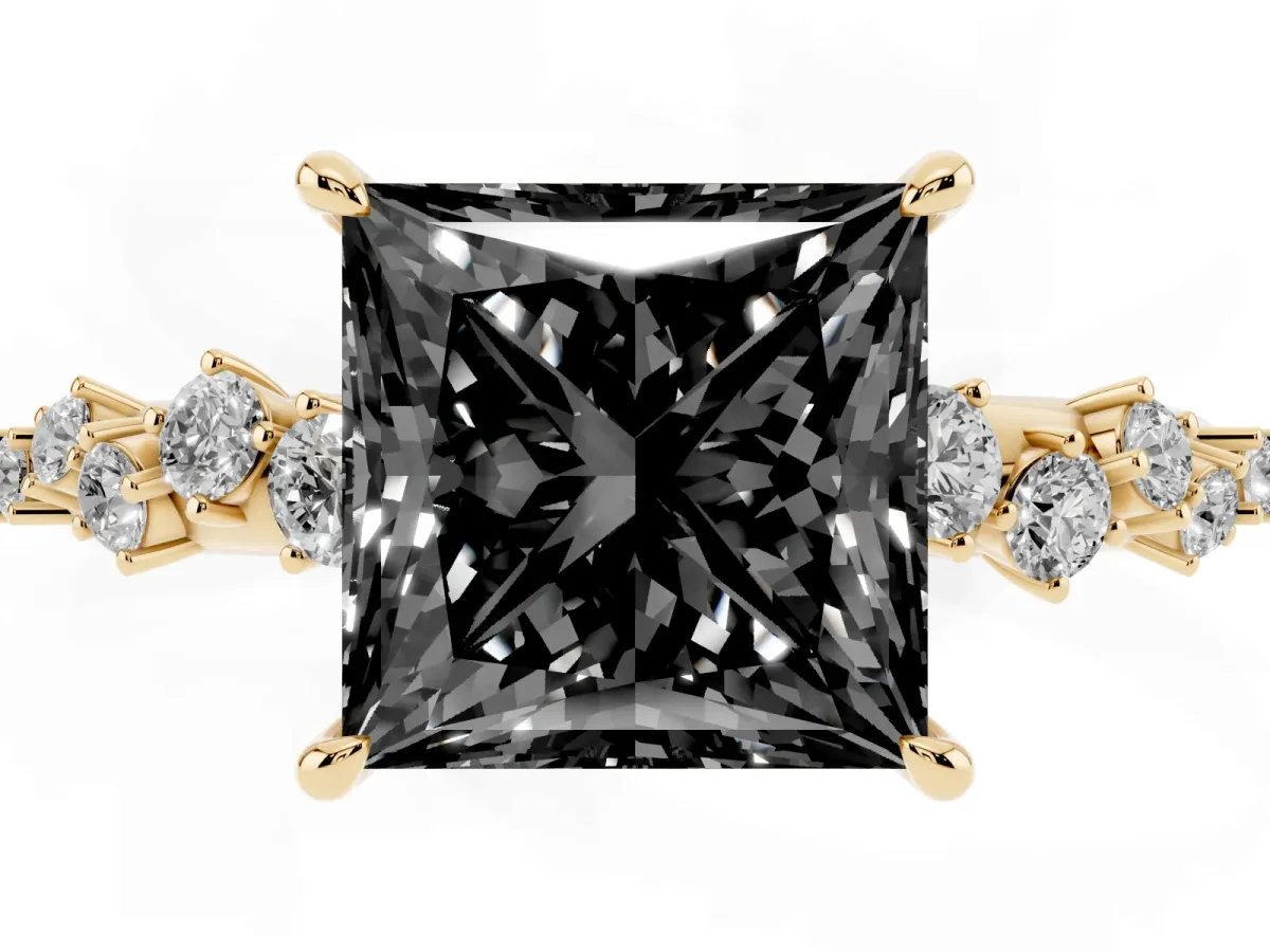 Fancy Black Princess Cut Diamond Cluster Side Stone Solitaire Ring with Prong Setting Yellow gold