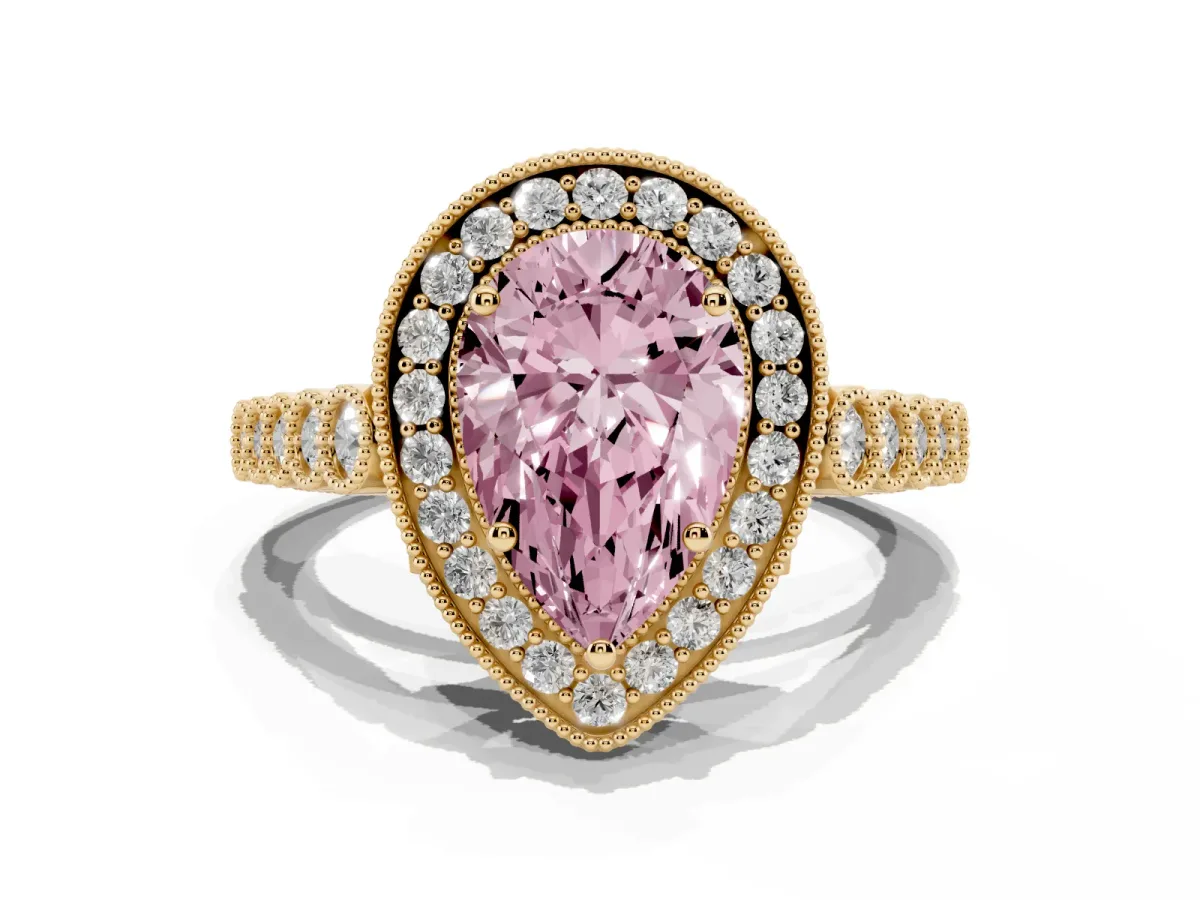 Fancy Pink Pear Cut Halo Milgrain Solitaire with Bezel Set Side Stones and Pave Band Yellow gold
