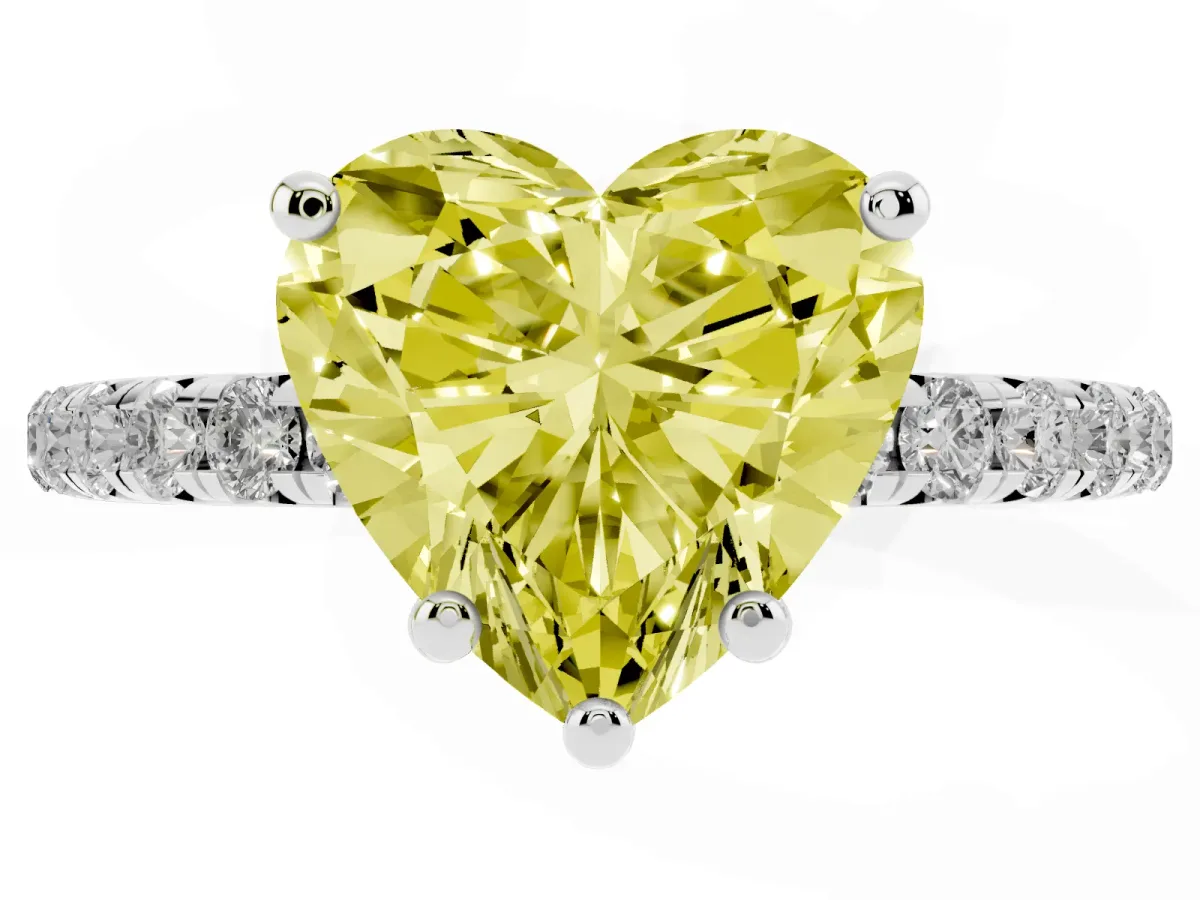 Fancy Yellow Heart Cut Cut Diamond Solitaire Ring with Micro Pave Band and Four Prong Setting Silver