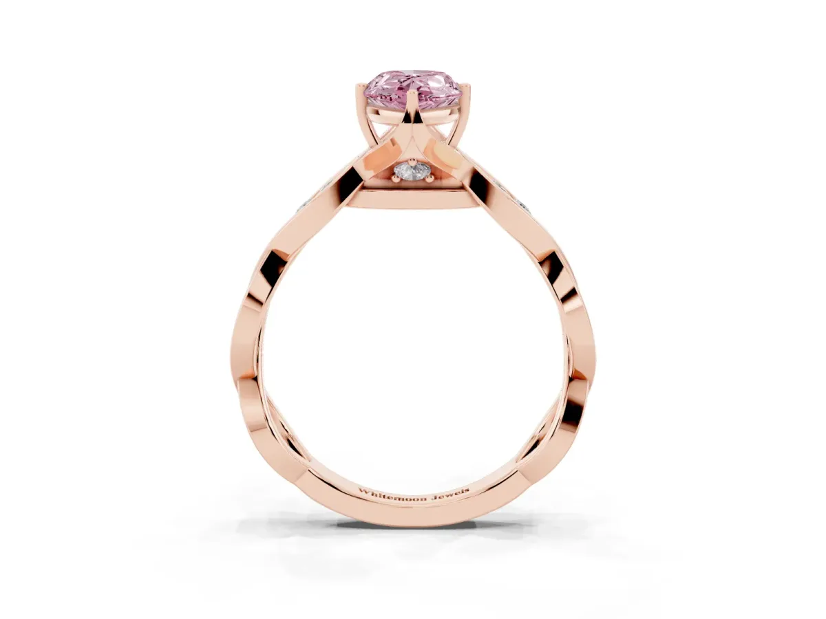 Fancy Pink Pear Cut Solitaire Twist Band with Leaf Prong Setting Rose gold