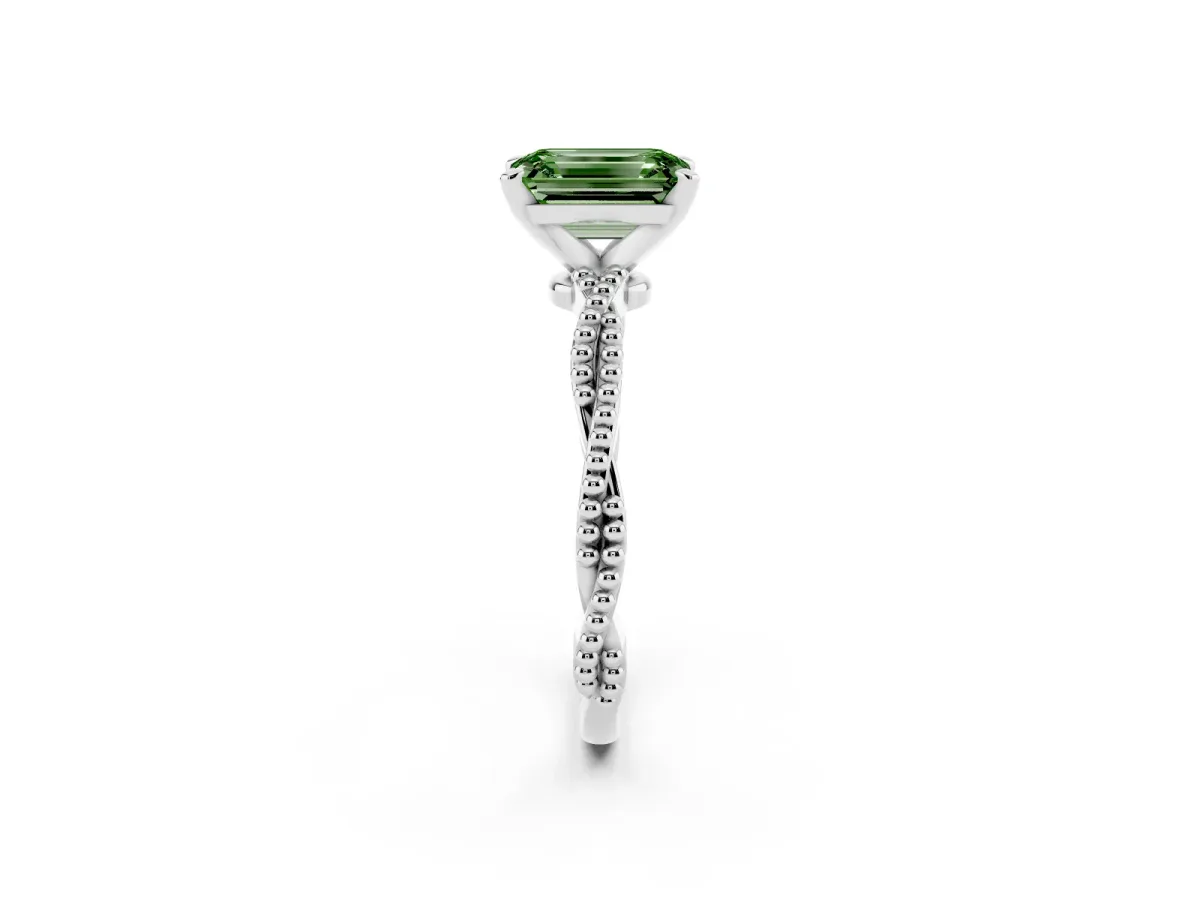 Fancy Green Emerald Cut Solitaire Twisted Band with Bead Prong Setting Silver