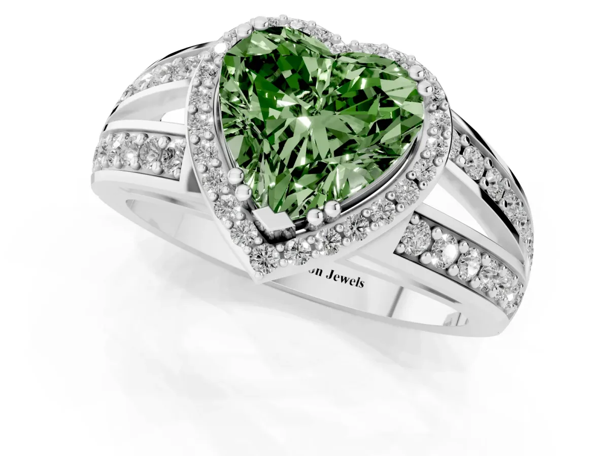 Fancy Green Heart Cut Diamond Halo Ring with Split Shank Pavé Band and Four-Prong Setting Platinum