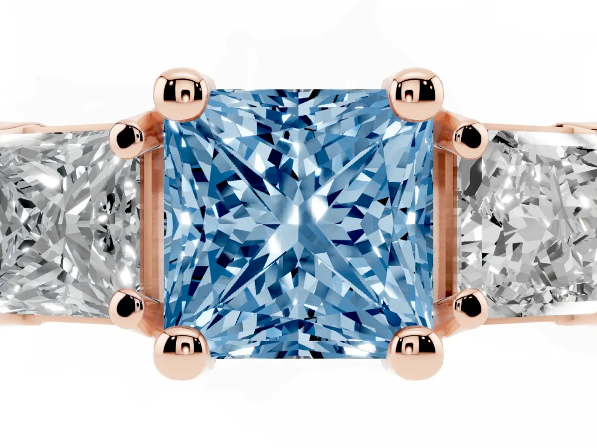 Fancy Blue Princess Cut Diamond Three-Stone Ring with Channel Set Band and Four-Prong Setting Rose gold