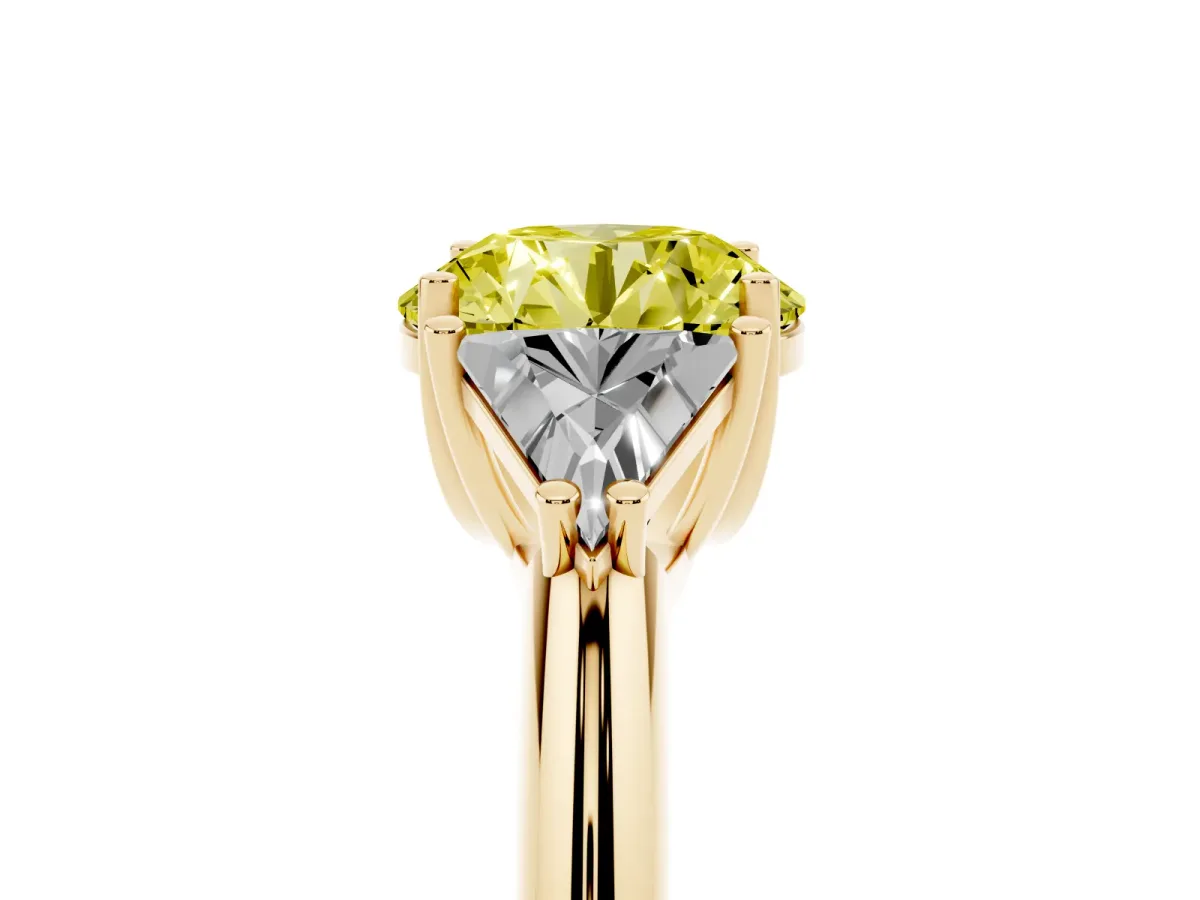 Fancy Yellow Three-Stone Round Cut Diamond Engagement Ring with Trillion Side Stones and Prong Setting Yellow gold