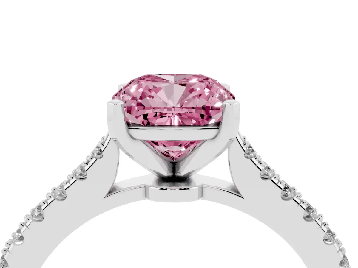 Fancy Pink Cushion Cut Cut Solitaire Diamond Engagement Ring with Pave Band and Four-Prong Setting White gold