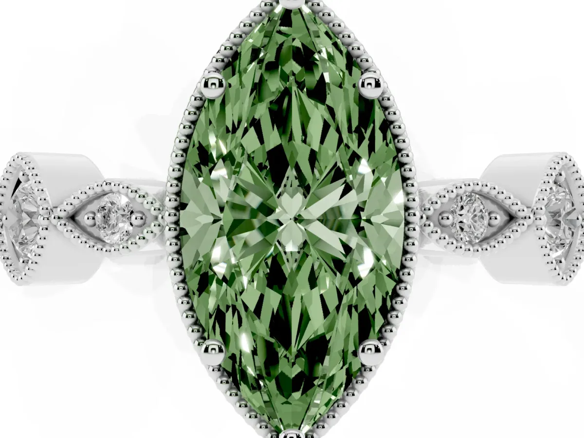 Fancy Green Marquise Cut Diamond Vintage Milgrain Ring with Round Stations Silver