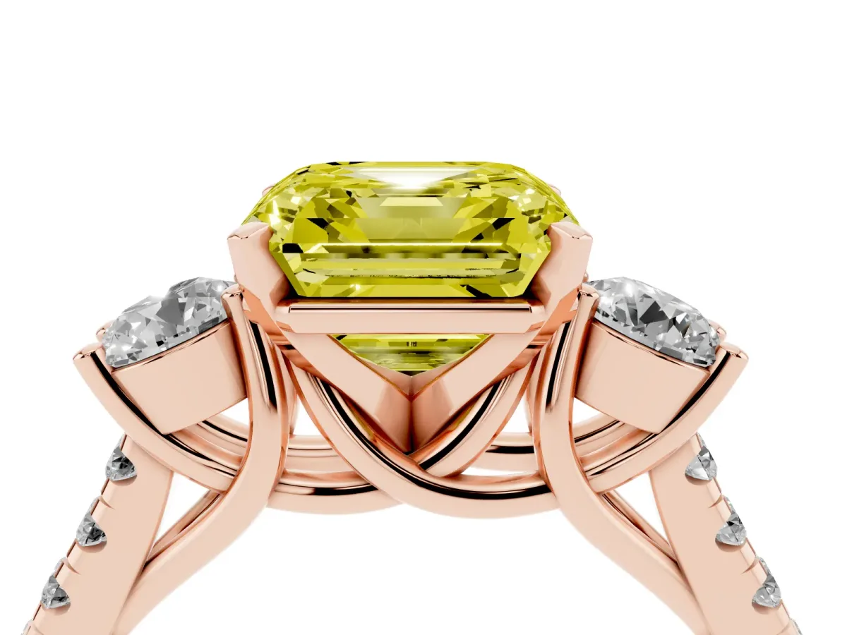 Fancy Yellow Three-Stone Asscher Cut Diamond Pavé Band with Four-Prong Setting Rose gold