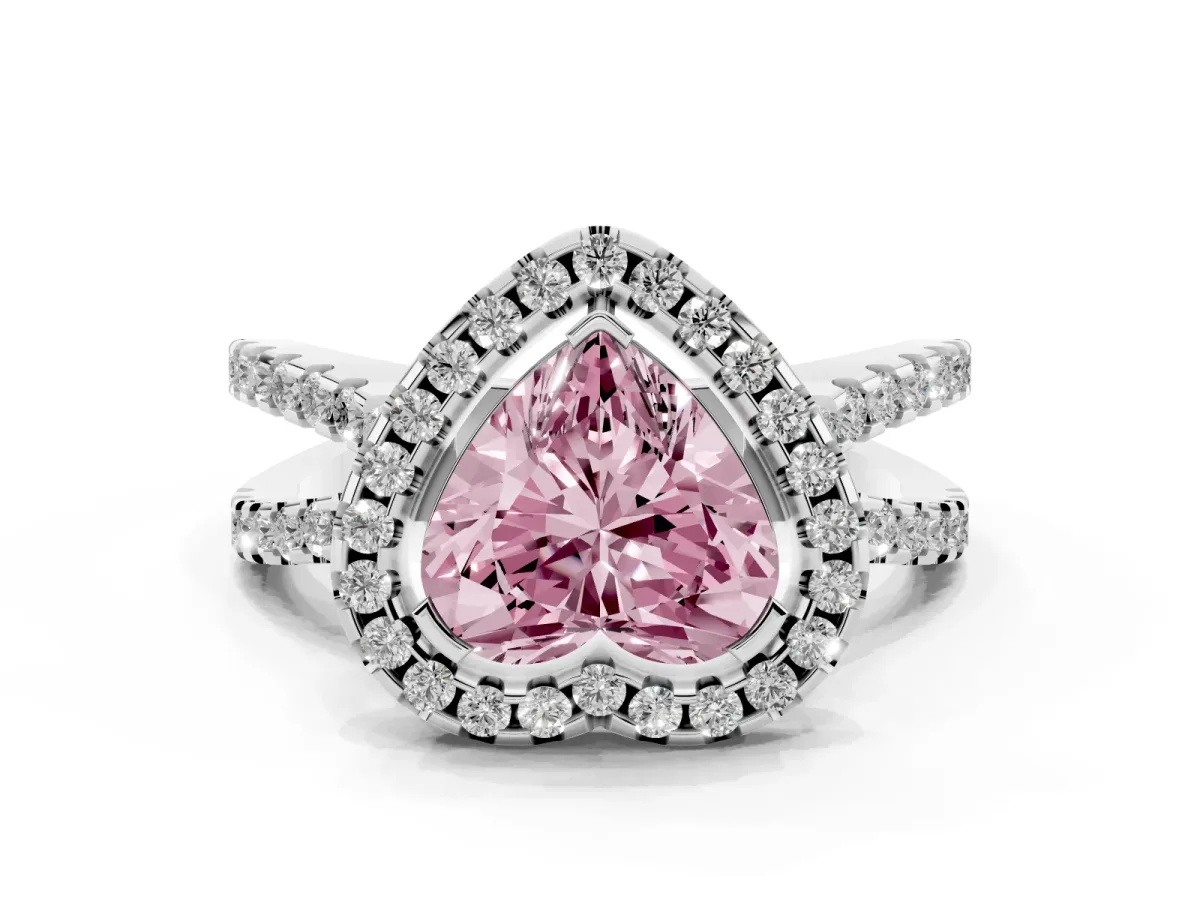 Fancy Pink Heart Cut Diamond Halo Ring with Split Shank Pavé Band and Prong Setting Silver