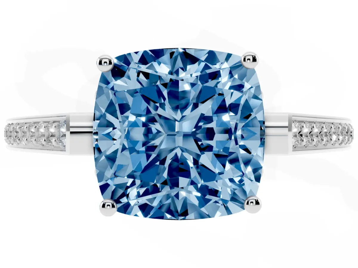 Fancy Blue Cushion Cut Cut Cathedral Pave Diamond Engagement Ring with Six-Prong Setting Silver