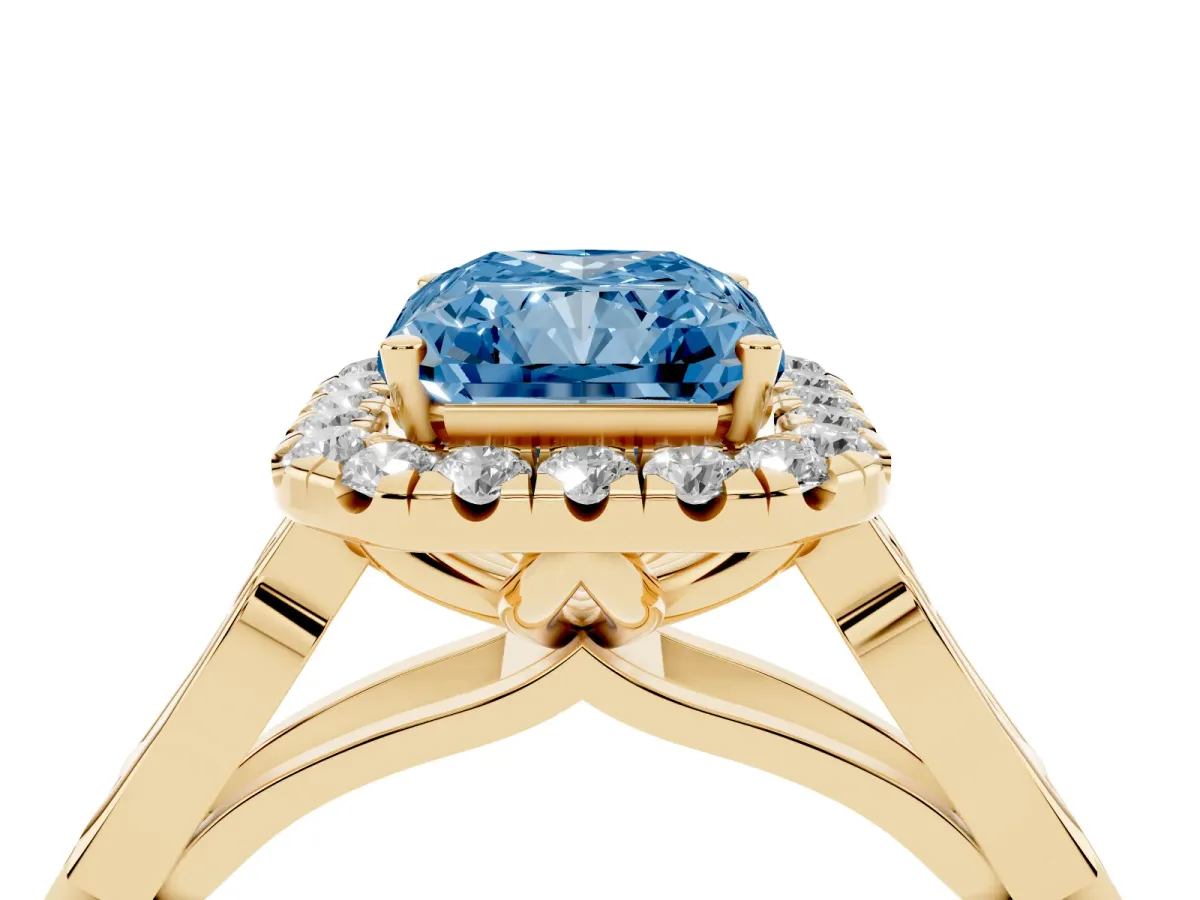 Fancy Blue Radiant Cut Halo Diamond Engagement Ring with Filigree Band and Four-Prong Setting Yellow gold