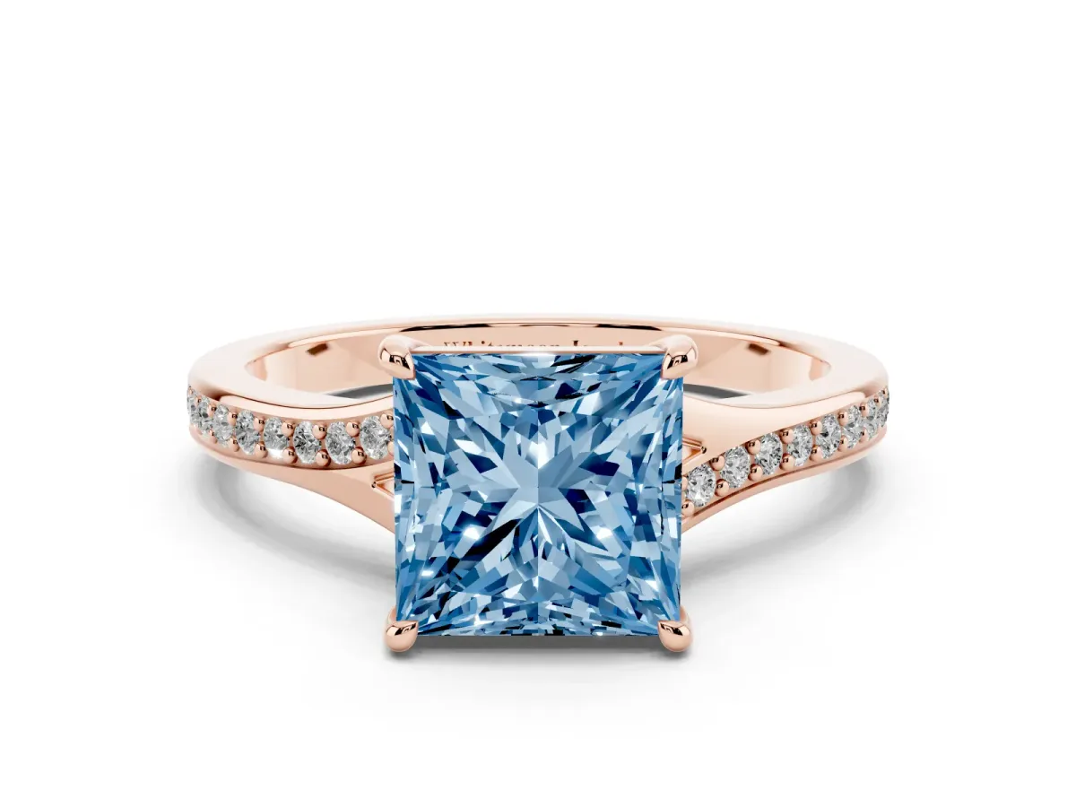 Fancy Blue Princess Cut Diamond Solitaire Ring with Pavé Band and Prong Setting Rose gold