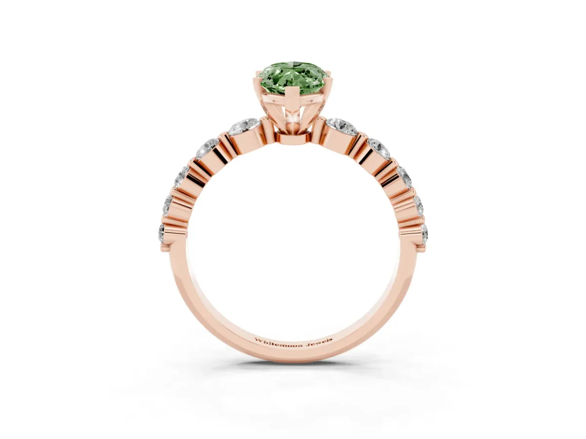 Fancy Green Marquise Cut Solitaire Diamond Ring with Pave Band and Four-Prong Setting Rose gold