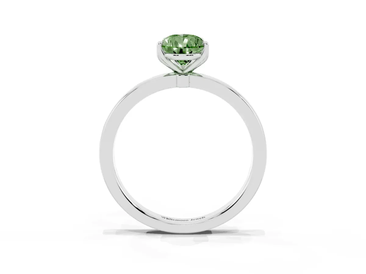 Fancy Green Pear Cut Diamond Solitaire Ring with Thin Band and Prong Setting White gold