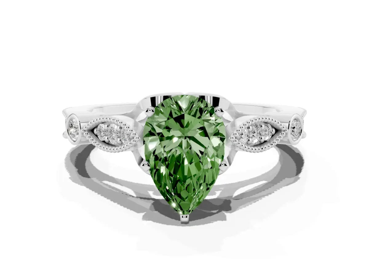 Fancy Green Pear Cut Cut Diamond with Milgrain Marquise and Bezel Accents on a Solitaire Band with Prong Setting Platinum