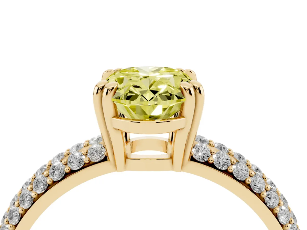 Fancy Yellow Oval Cut Diamond Solitaire Ring with Multi-Row Round Pavé Band and Prong Setting Yellow gold