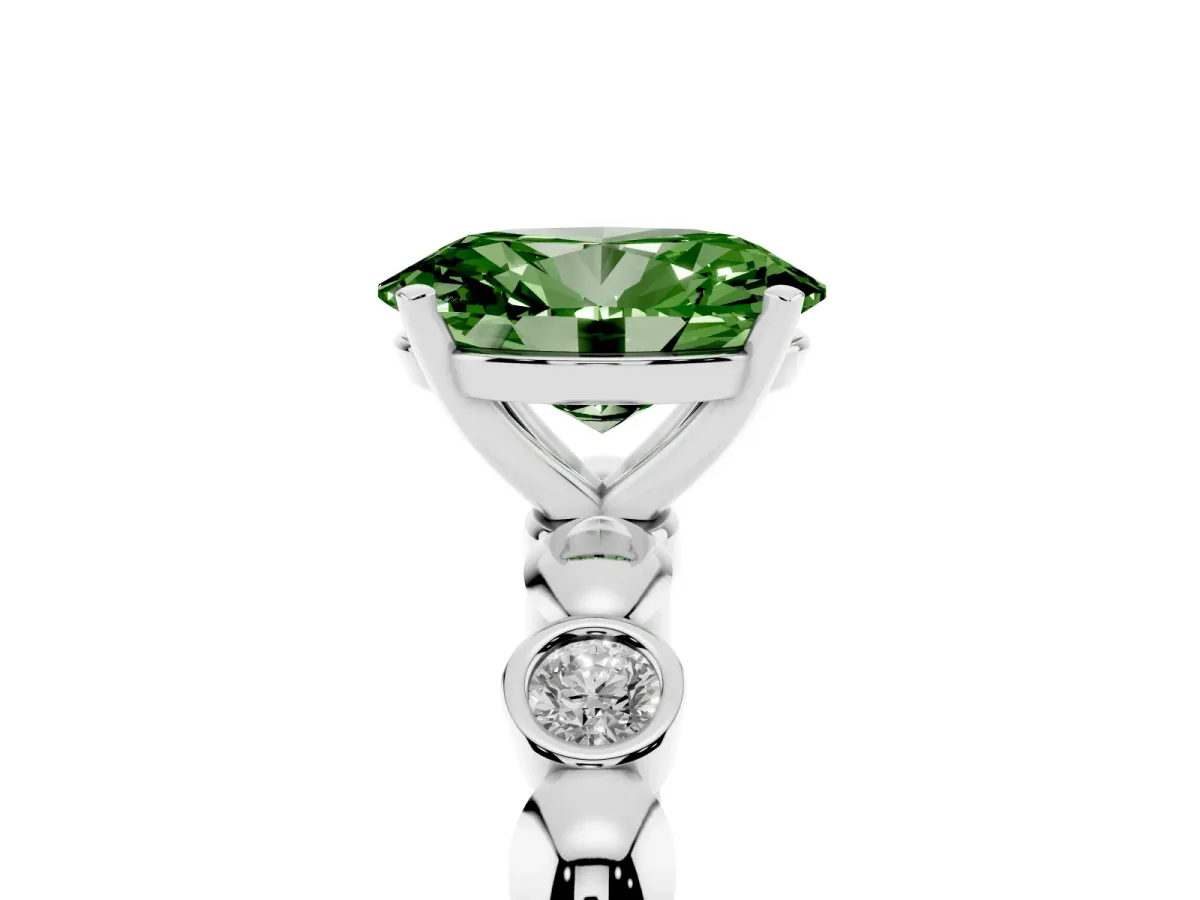 Fancy Green Oval Cut Solitaire Bezel-Set Diamond Ring with Beaded Band and Four-Prong Setting Silver