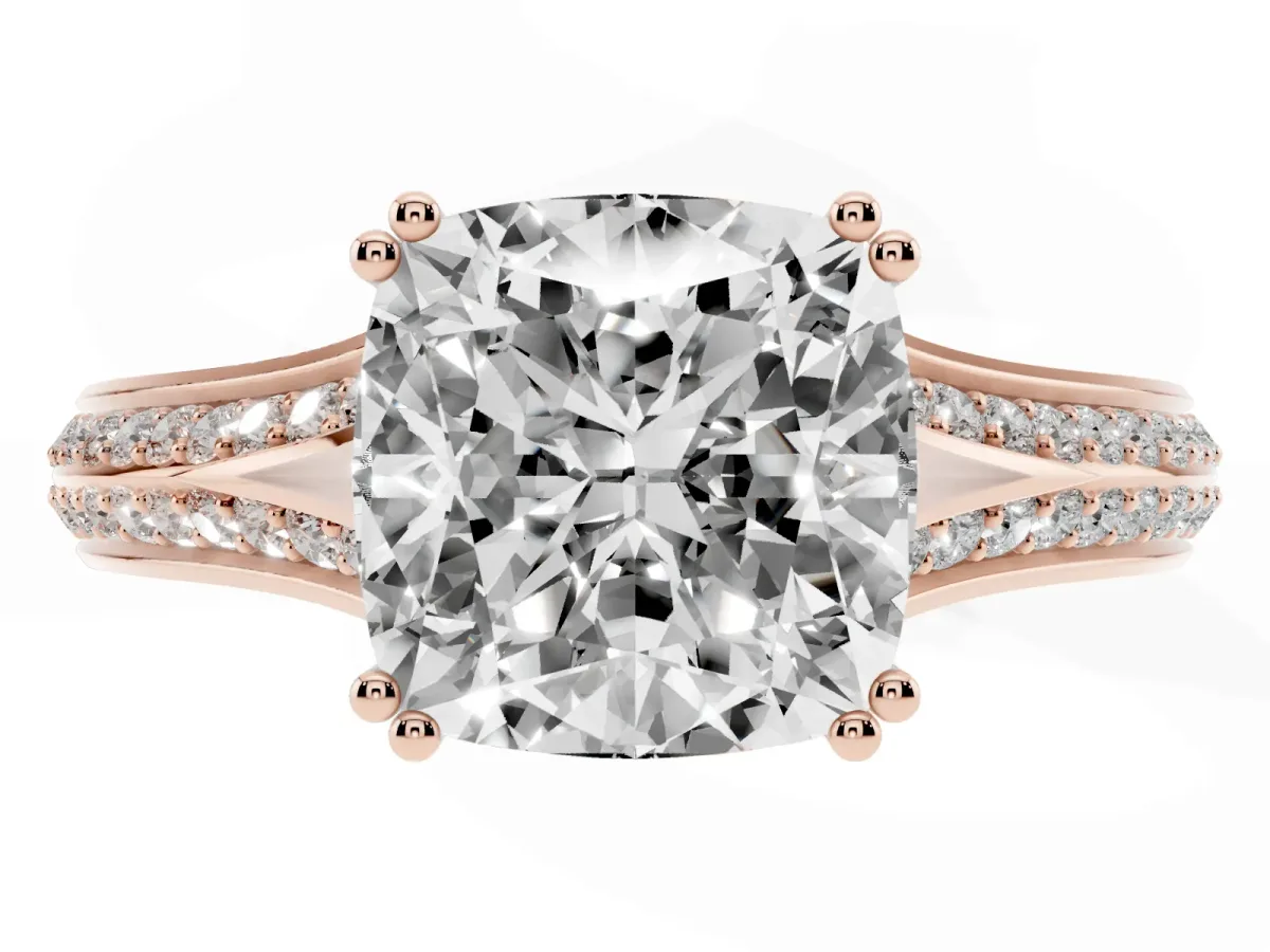 Cushion Cut Diamond Split Shank Engagement Ring with Pavé Band Rose gold