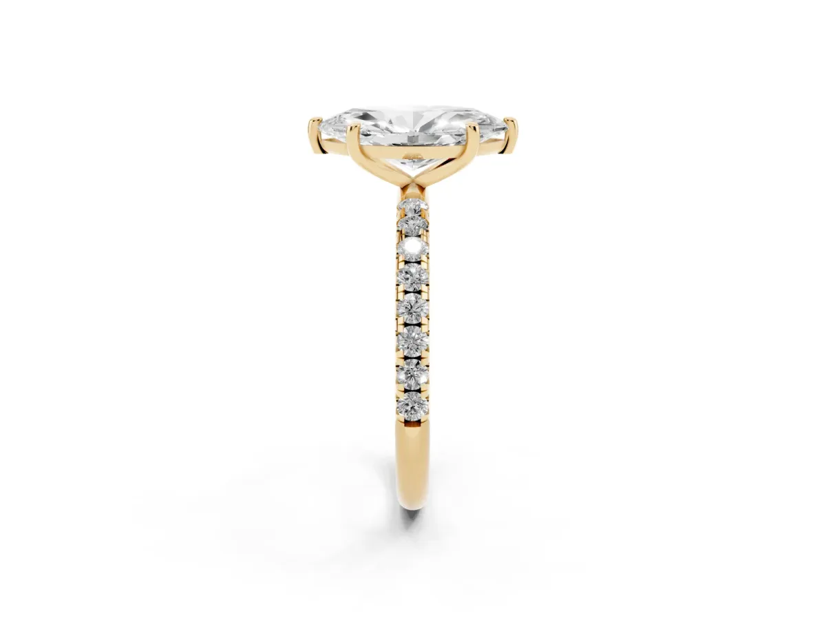 Marquise Cut Cut Diamond Solitaire Ring with Micro Pave Band and Four Prong Setting Yellow gold