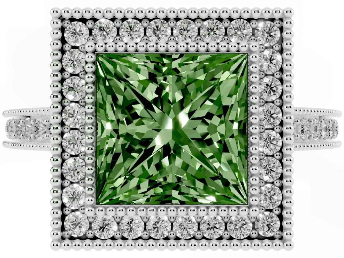 Fancy Green Princess Cut Cut Halo Diamond Ring with Pavé Band and Milgrain Prong Setting Platinum