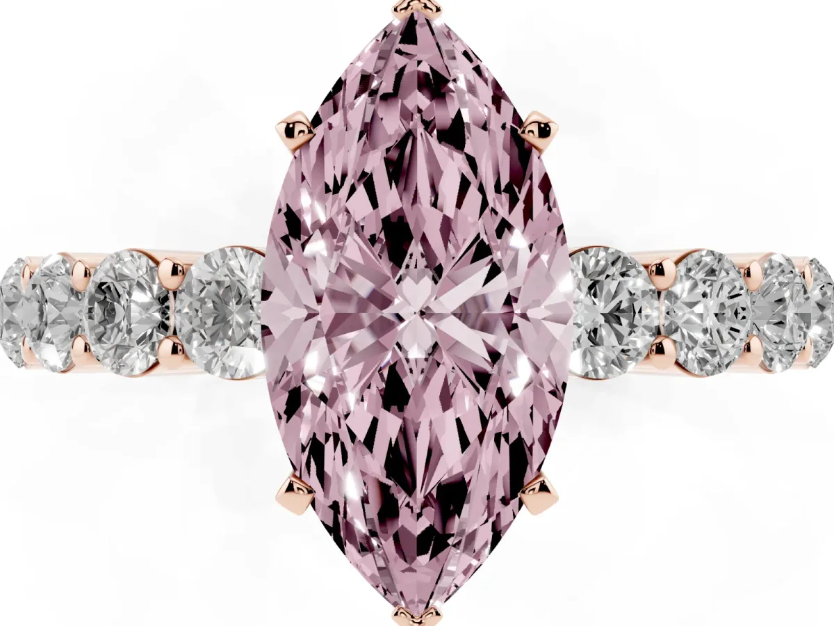 Fancy Pink Marquise Cut Diamond Solitaire Ring with Shared Prong Round Side Stones Rose gold