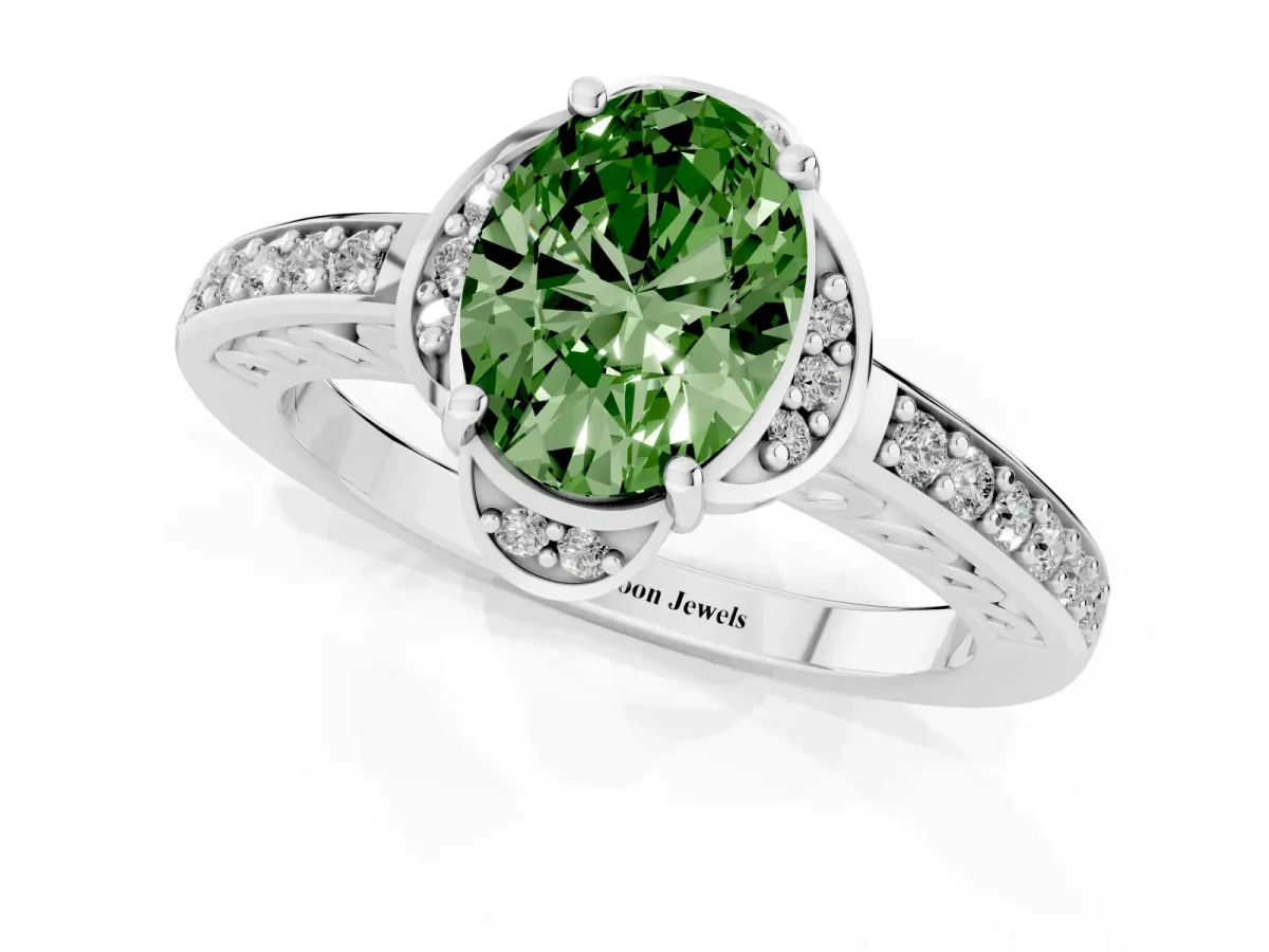 Fancy Green Oval Cut Cut Halo Diamond Ring with Channel Set Band and Four-Prong Setting White gold