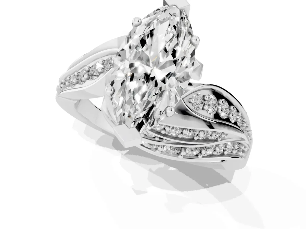 Marquise Cut Diamond Solitaire Ring with Prong Setting and Twisted Pavé Band Silver