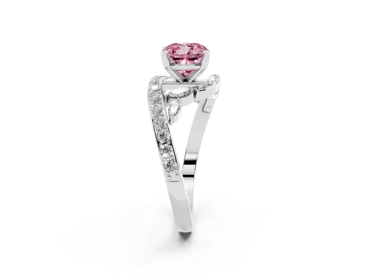 Fancy Pink Cushion Cut Diamond Solitaire Ring with Filigree Band and Four-Prong Setting Silver