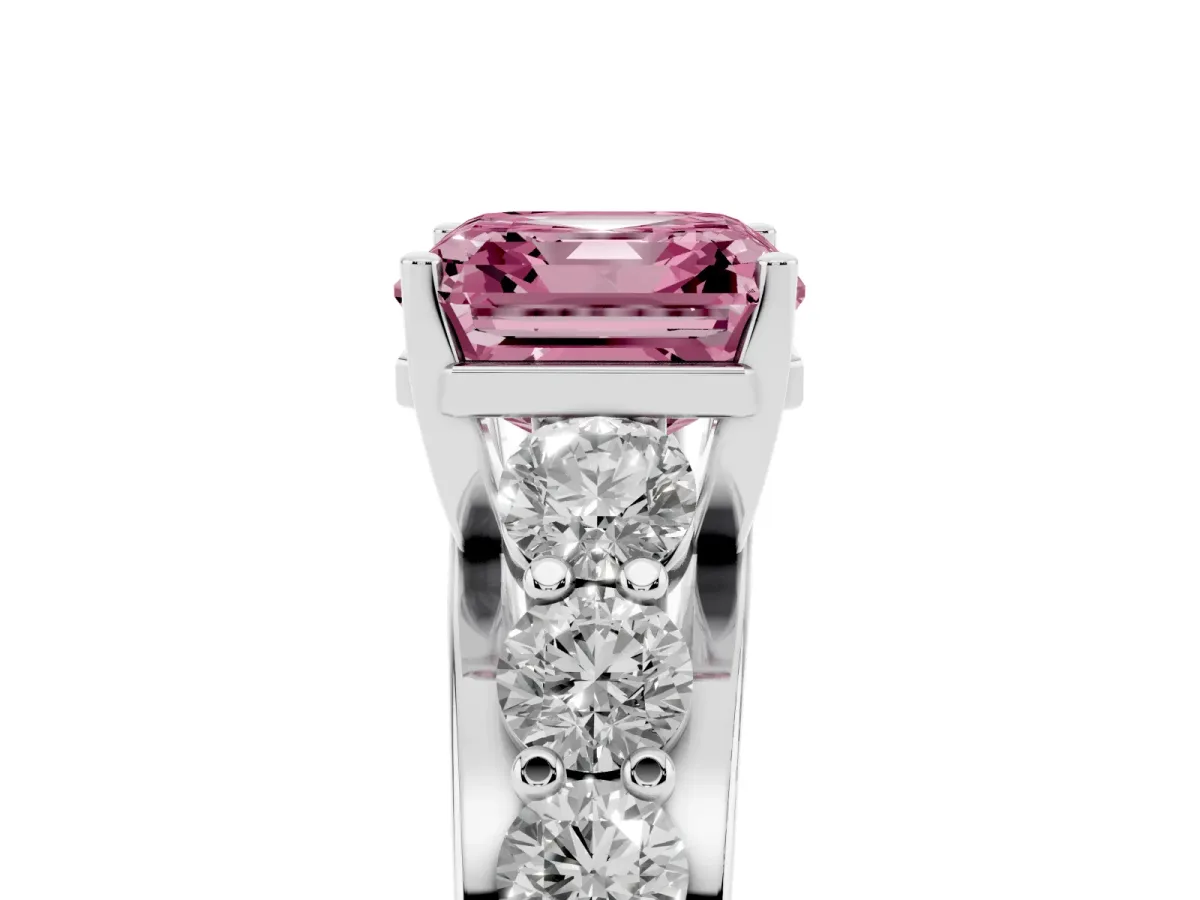 Fancy Pink Asscher Cut Diamond Engagement Ring with Pavé Band and Four-Prong Setting Silver