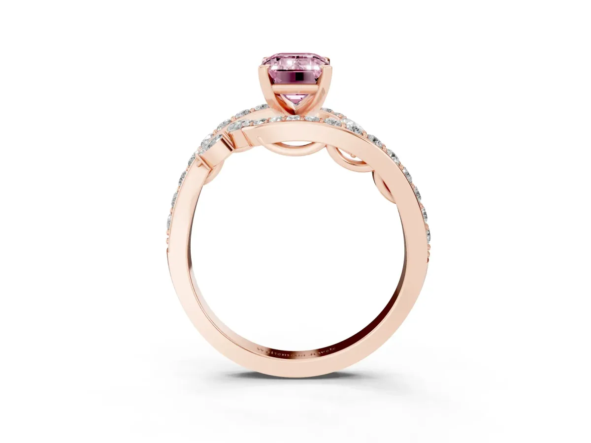 Fancy Pink Emerald Cut Solitaire with Pavé Twist Band and Four-Prong Setting Rose gold