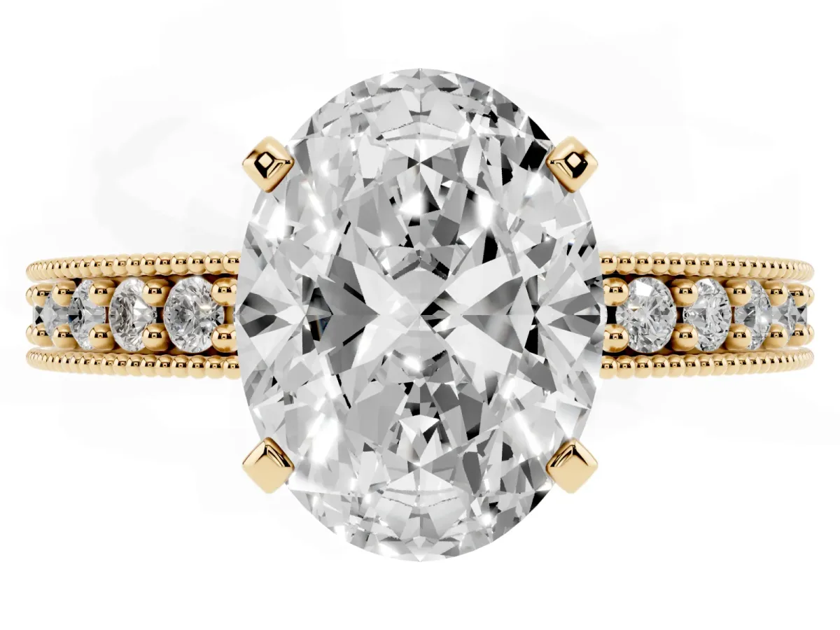 Oval Cut Diamond Milgrain Pavé Engagement Ring with Four-Prong Setting Yellow gold
