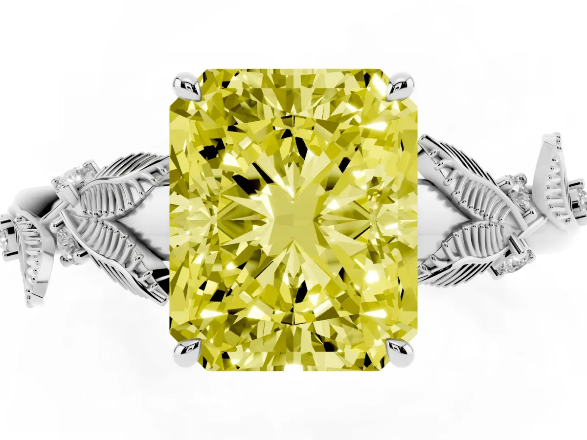 Fancy Yellow Radiant Cut Diamond Solitaire Ring with Leaf Motif Band and Four-Prong Setting Silver