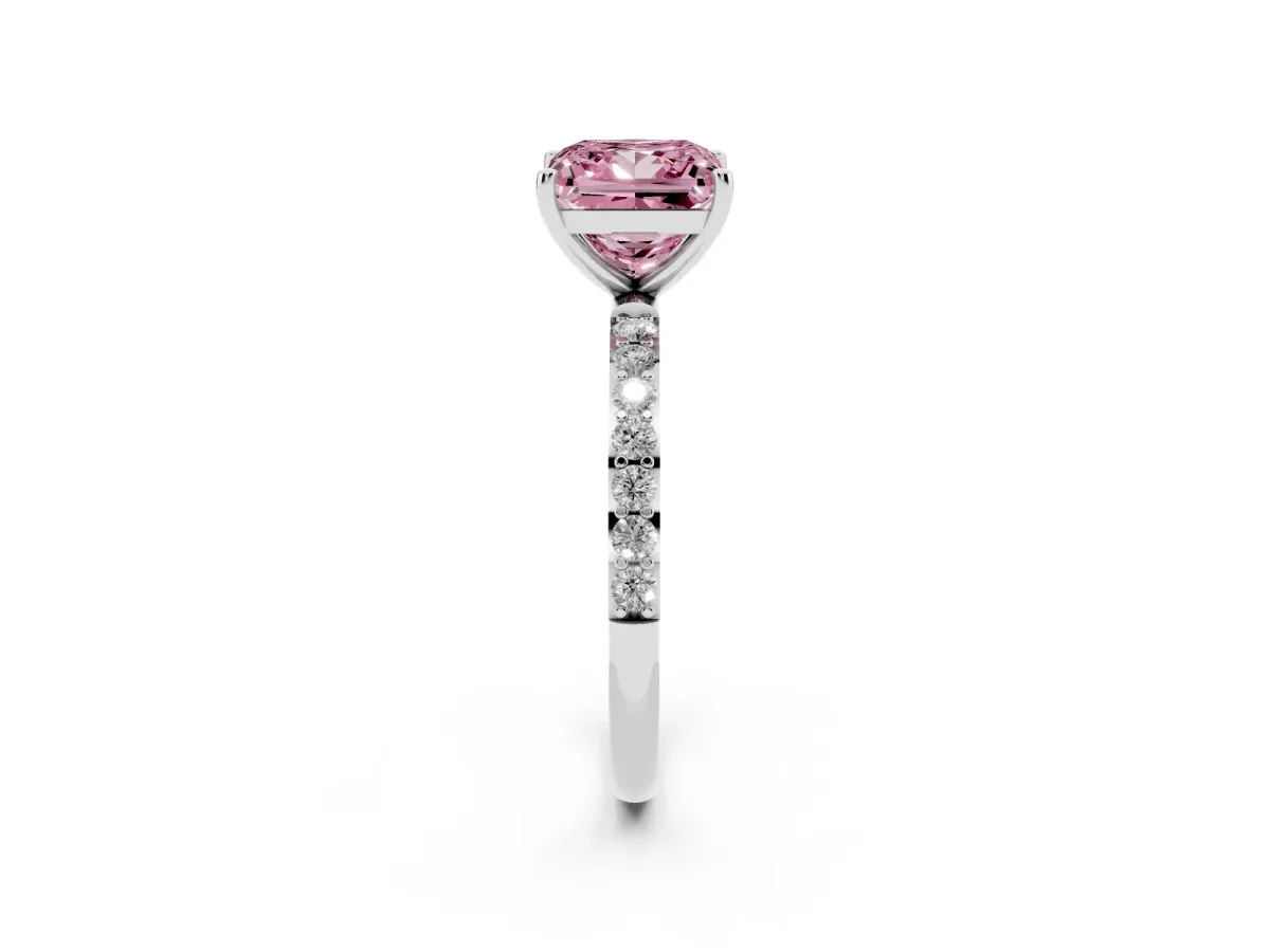 Fancy Pink Princess Cut Diamond Solitaire Ring with Round Pavé Shoulders and Prong Setting Silver