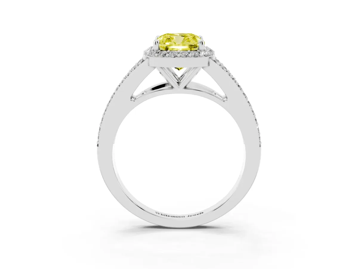 Fancy Yellow Cushion Cut Halo Split Shank Pave Diamond Ring with Four-Prong Setting Silver