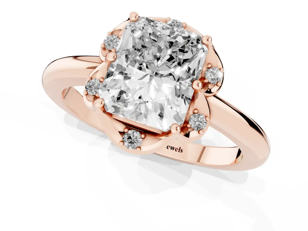 Radiant Cut Halo Diamond Ring with Round Cluster Setting, Solitaire Band, and Four-Prong Setting Rose gold