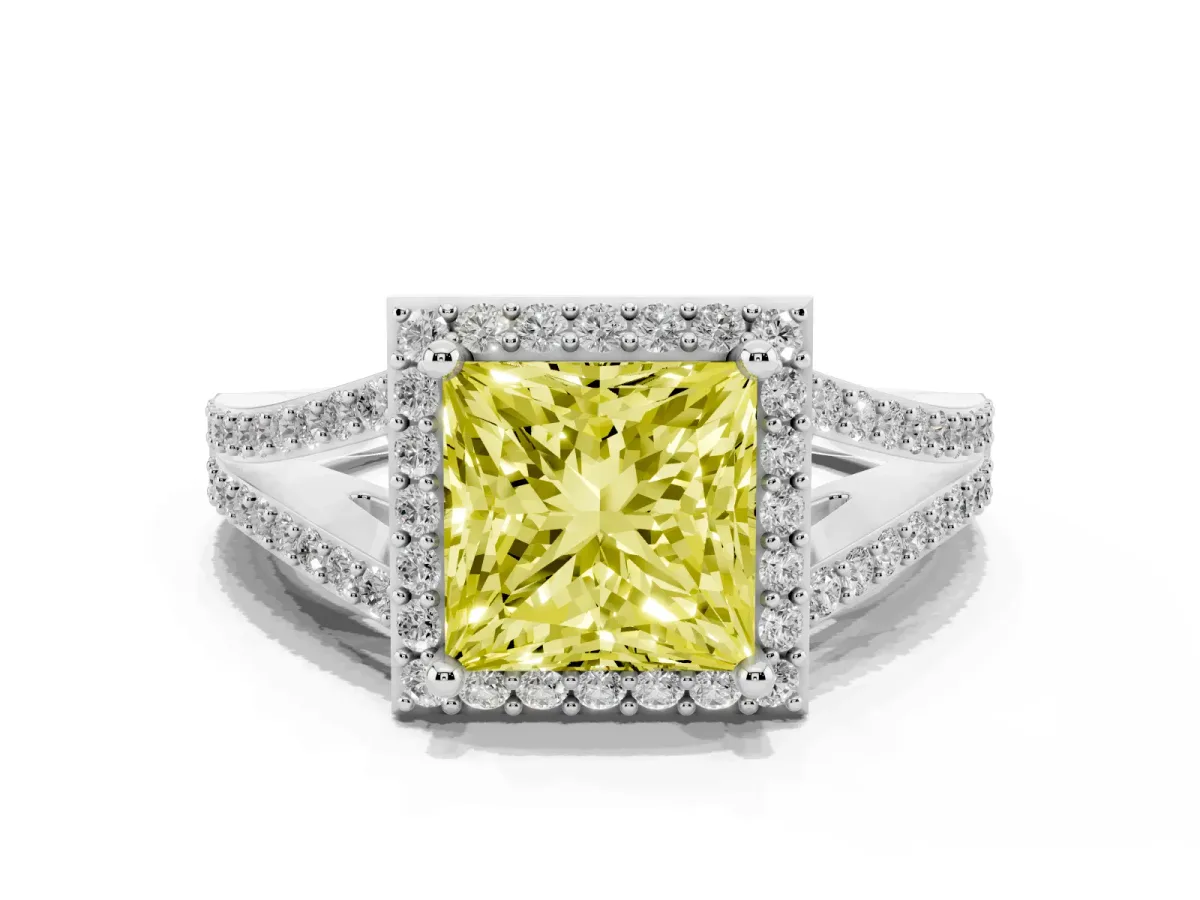 Fancy Yellow Princess Cut Halo Split Shank Pave Diamond Ring with Four-Prong Setting Platinum