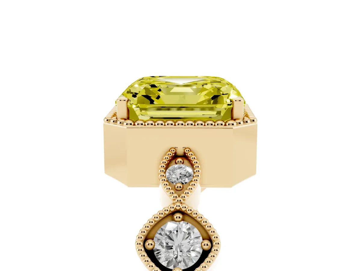 Fancy Yellow Asscher Cut Diamond Vintage Milgrain Ring with Round Stations Yellow gold