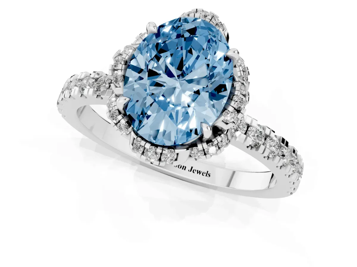 Fancy Blue Oval Cut Diamond Halo Pave Band with Four-Prong Setting Platinum