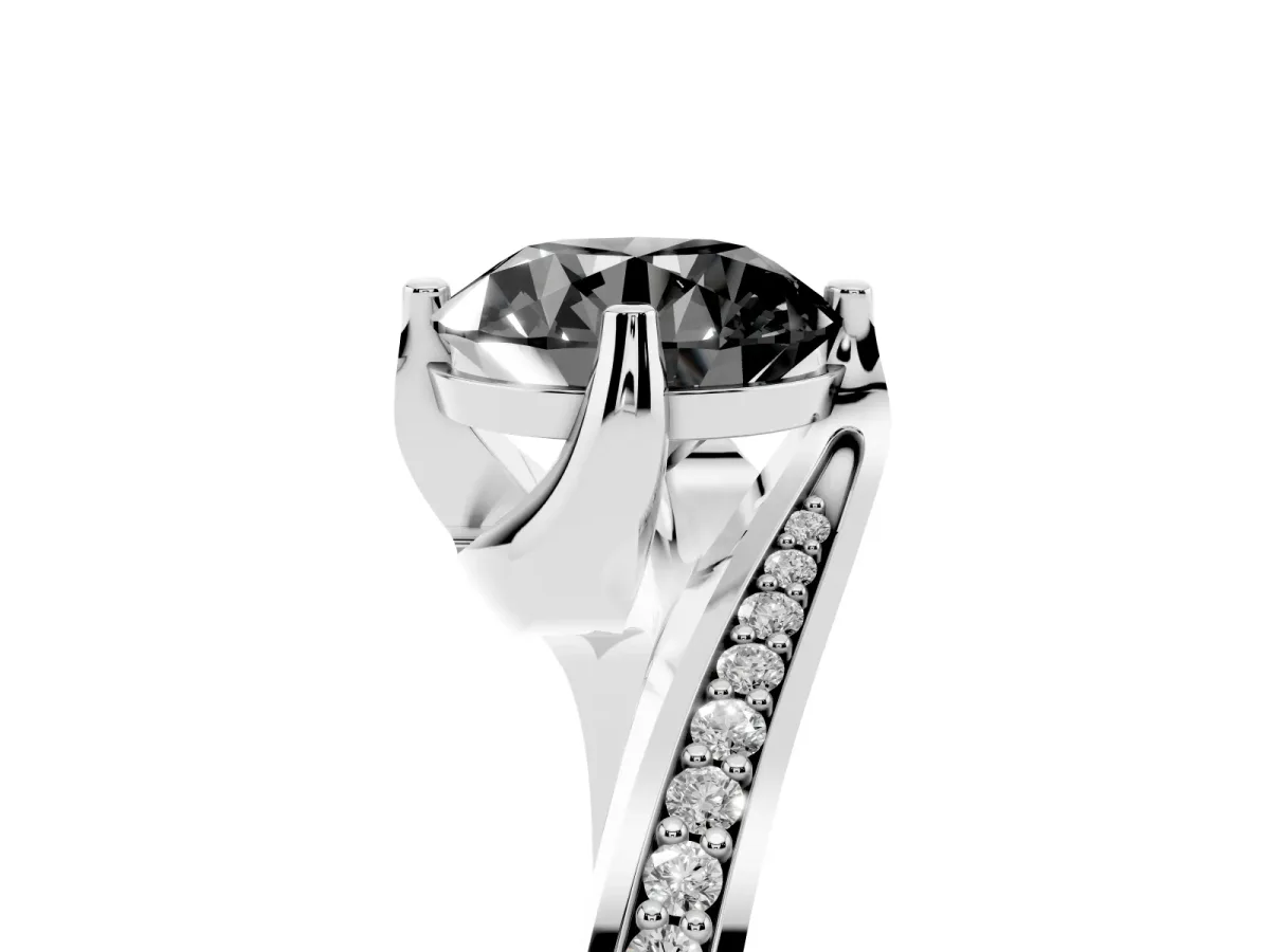 Fancy Black Round Cut Solitaire Diamond Twist Band with Pavé Setting and Four-Prong Setting Silver