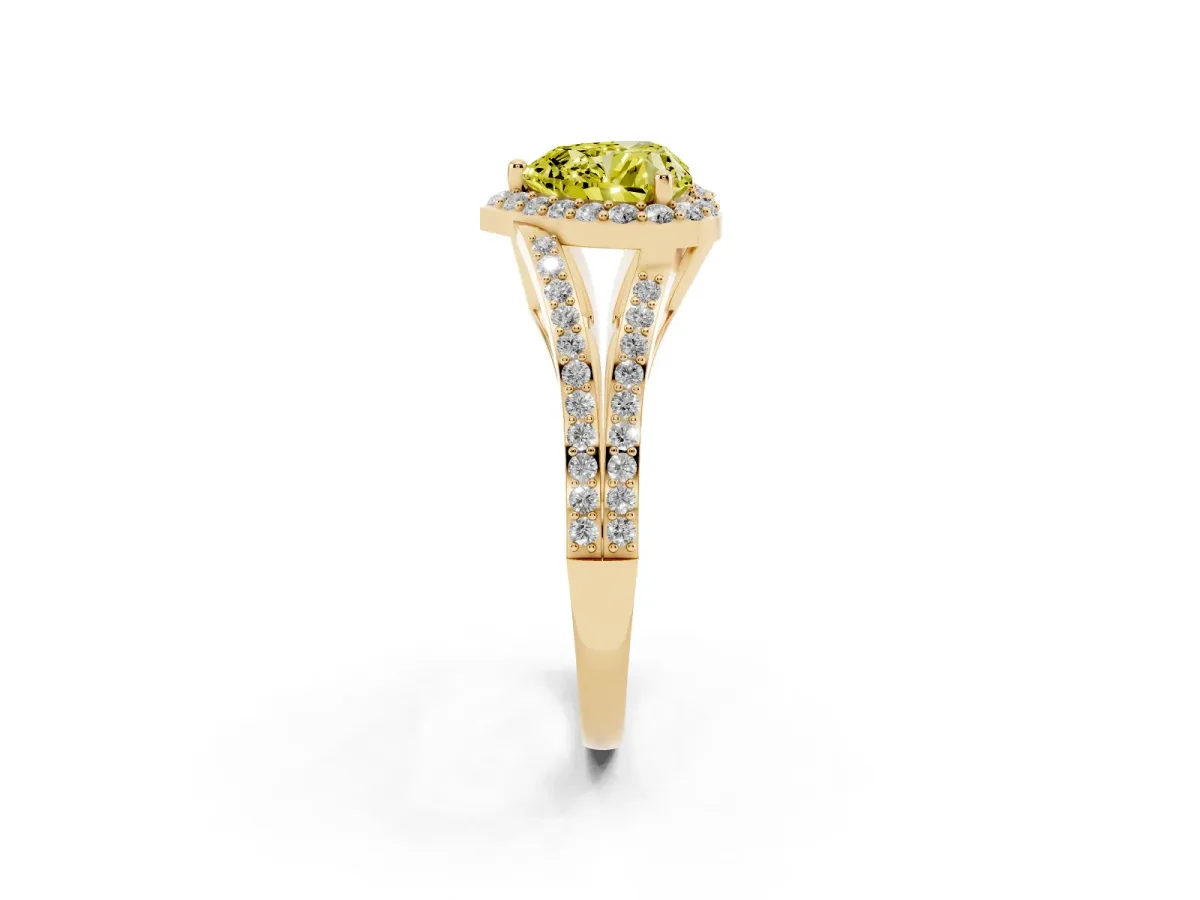 Fancy Yellow Heart Cut Halo Split Shank Diamond Ring with Prong Setting Yellow gold