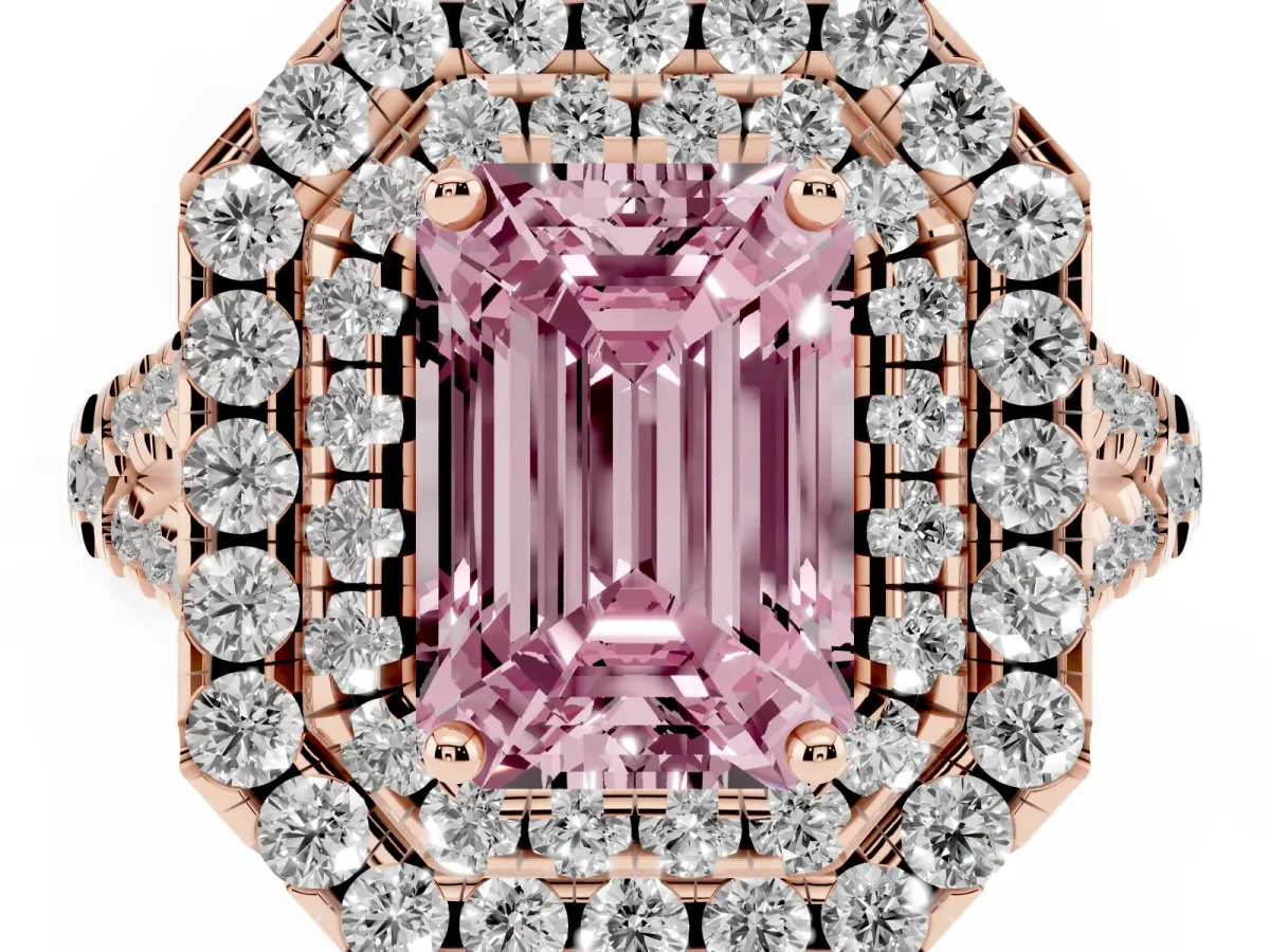 Fancy Pink Double Halo Emerald Cut Diamond Pavé Split Shank Ring with Prong Setting Rose gold