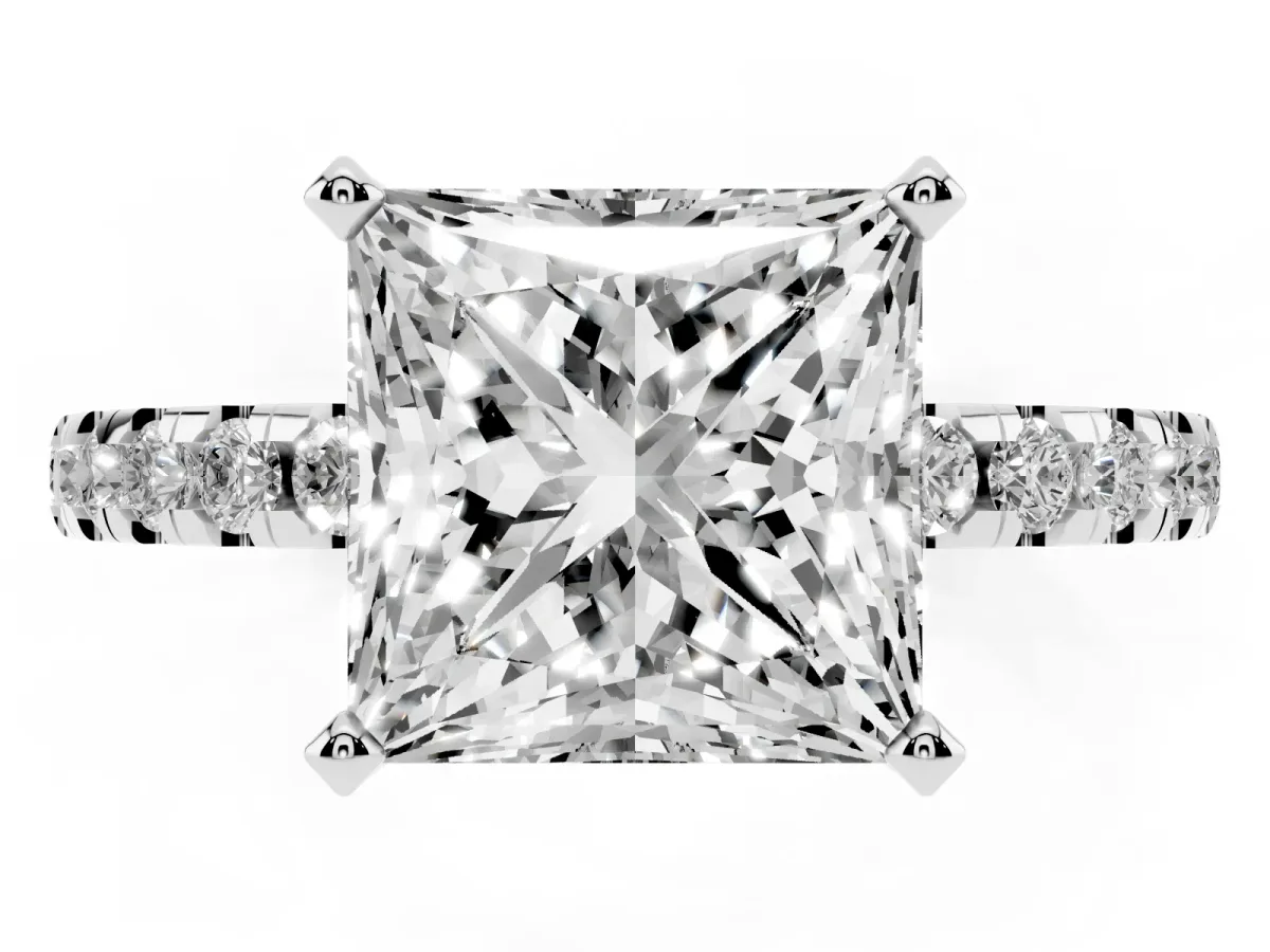 Princess Cut Diamond Solitaire Ring with Round Pavé Band and Four-Prong Setting Silver