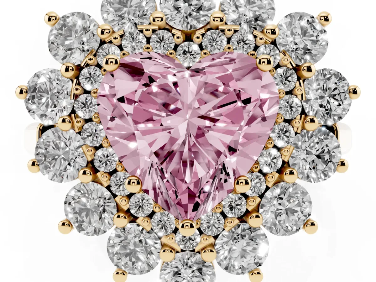 Fancy Pink Heart Cut Diamond Floral Double Halo Engagement Ring with Prong Setting Yellow gold