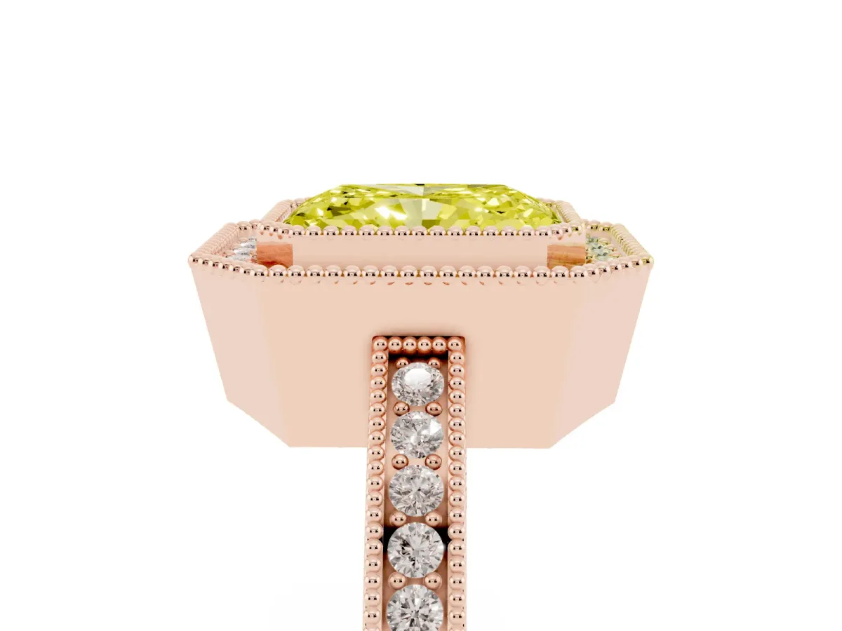 Fancy Yellow Radiant Cut Cut Halo Diamond Ring with Pavé Band and Milgrain Prong Setting Rose gold