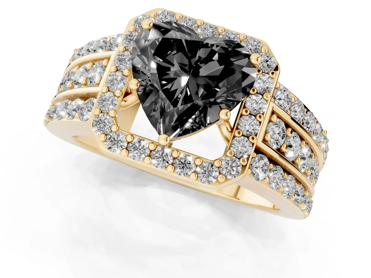 Fancy Black Heart Cut Halo Diamond Ring with Round Split Shank and Prong Setting Yellow gold