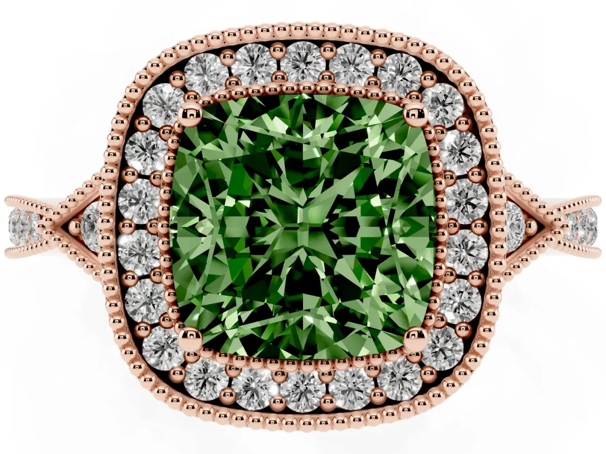 Fancy Green Cushion Cut Halo Round Diamond Milgrain Pave Engagement Ring Rose gold